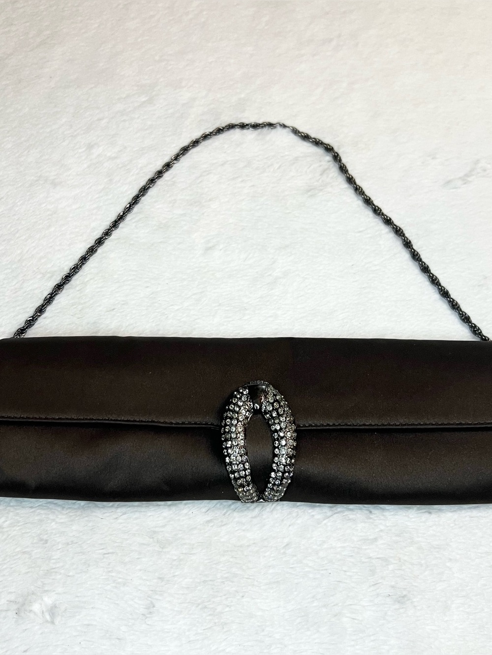 Rodo Vintage Black Satin Evening Clutch Swarovski Crystal Buckle & Chain Strap